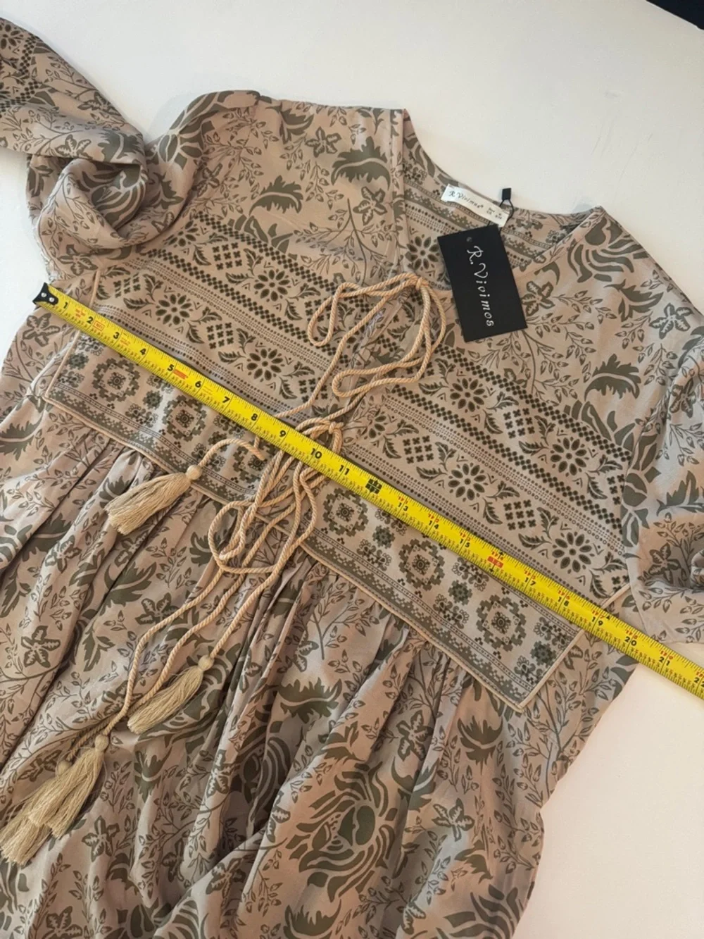 R. Vivimos Cream& Sage Bohemian Floral Flowy Midi Dress, Lightweight Comfy! - Picture 13 of 16